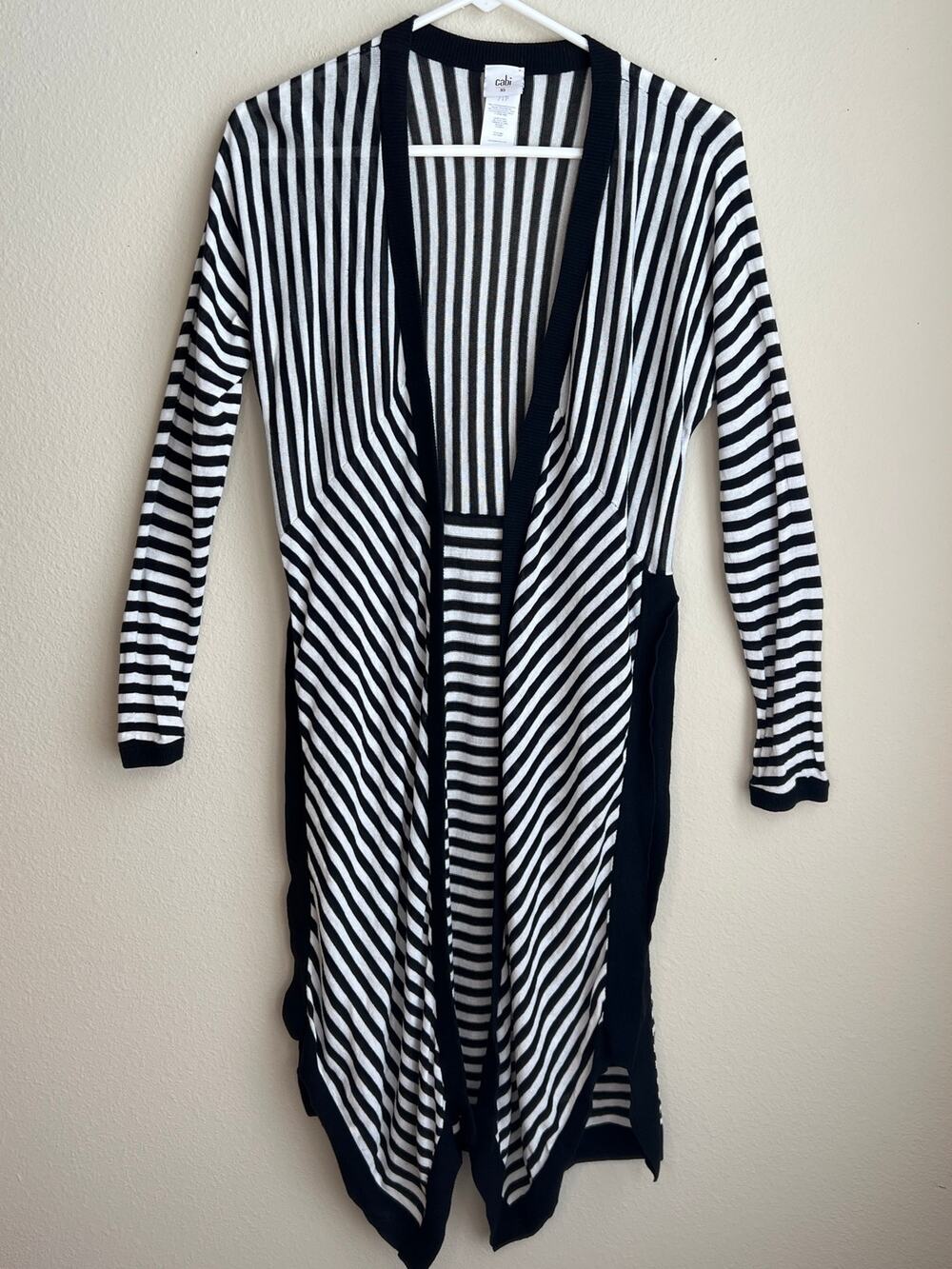 Cabi Stride Cardigan Sweater Women's Size XS Black White Striped Duster